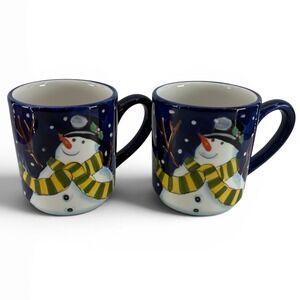 Mesa International Snowman Ceramic Coffee Mugs Set of 2 Navy Blue Winter Holiday